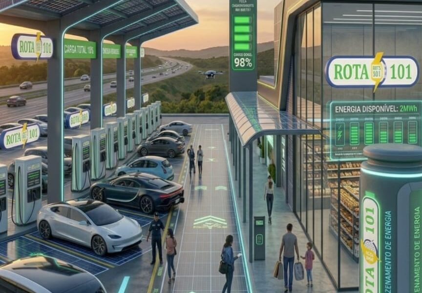 Projeção conceitual de unidade da rede Rota BR 101: estação de recarga rápida com carregadores DC, cobertura fotovoltaica e conveniência integrada ao longo do corredor da BR-101.
