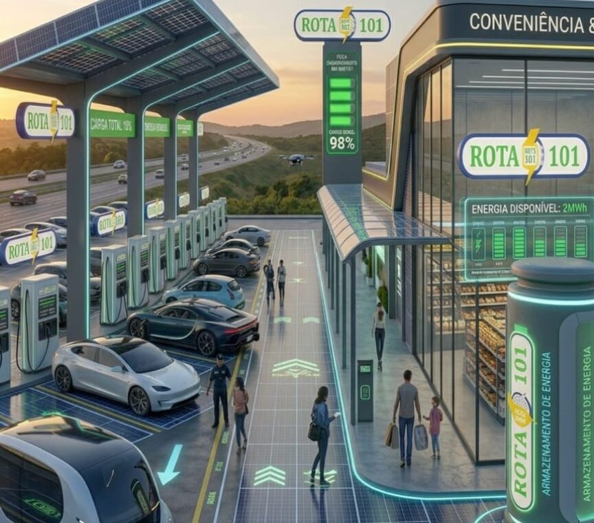 Projeção conceitual de unidade da rede Rota BR 101: estação de recarga rápida com carregadores DC, cobertura fotovoltaica e conveniência integrada ao longo do corredor da BR-101.