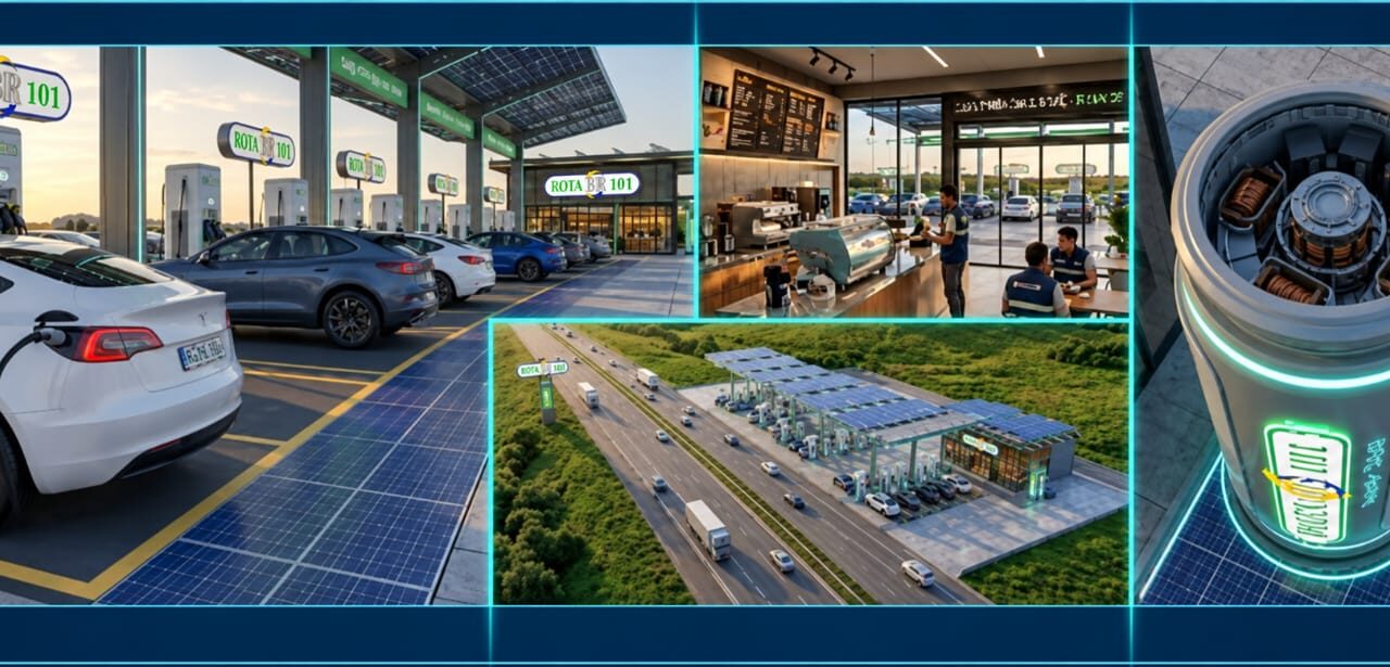 Projeção conceitual do modelo de unidade da Rota BR 101, com eletroposto, conveniência completa e cafeteria integradas e implantação à beira da rodovia.