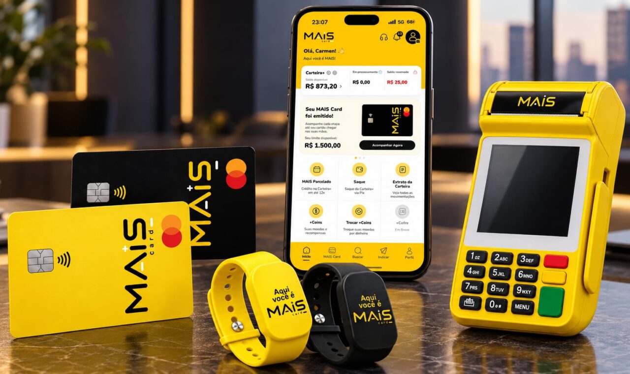 Ecossistema da MAIS Card reúne cartão de crédito, aplicativo, maquininha e pulseiras NFC em uma experiência financeira integrada.